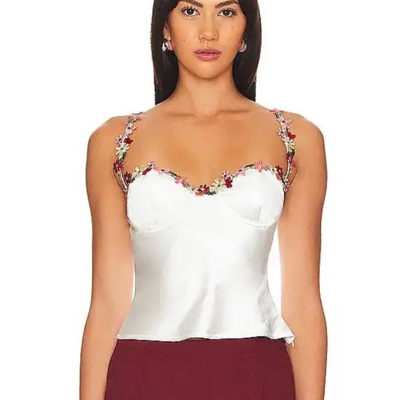 More To Come Tops - MORE TO COME Enid Bustier Floral Embellished White Camisole Top satin Revolve M
